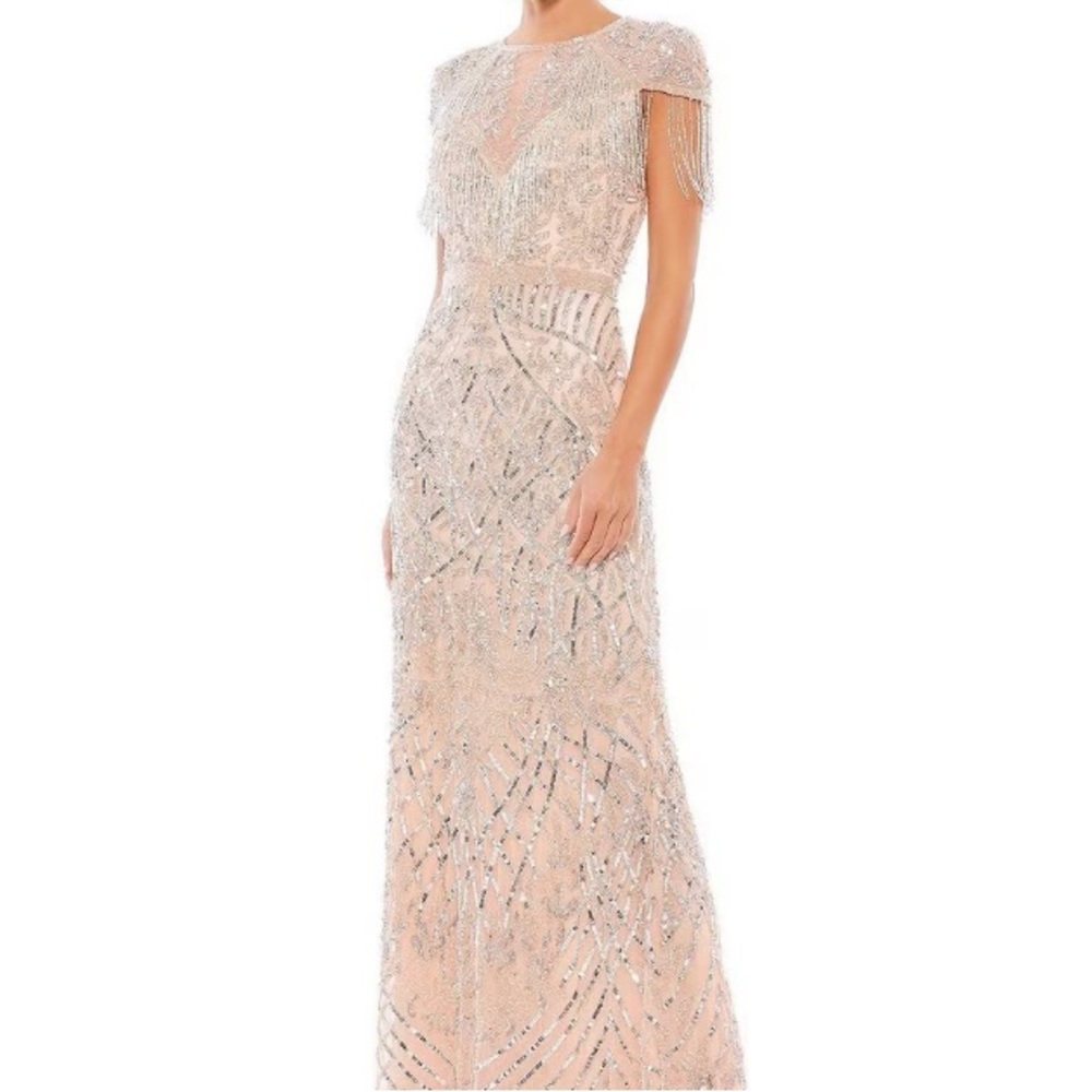 Mac Duggal Silver and Cream Maxi Dress